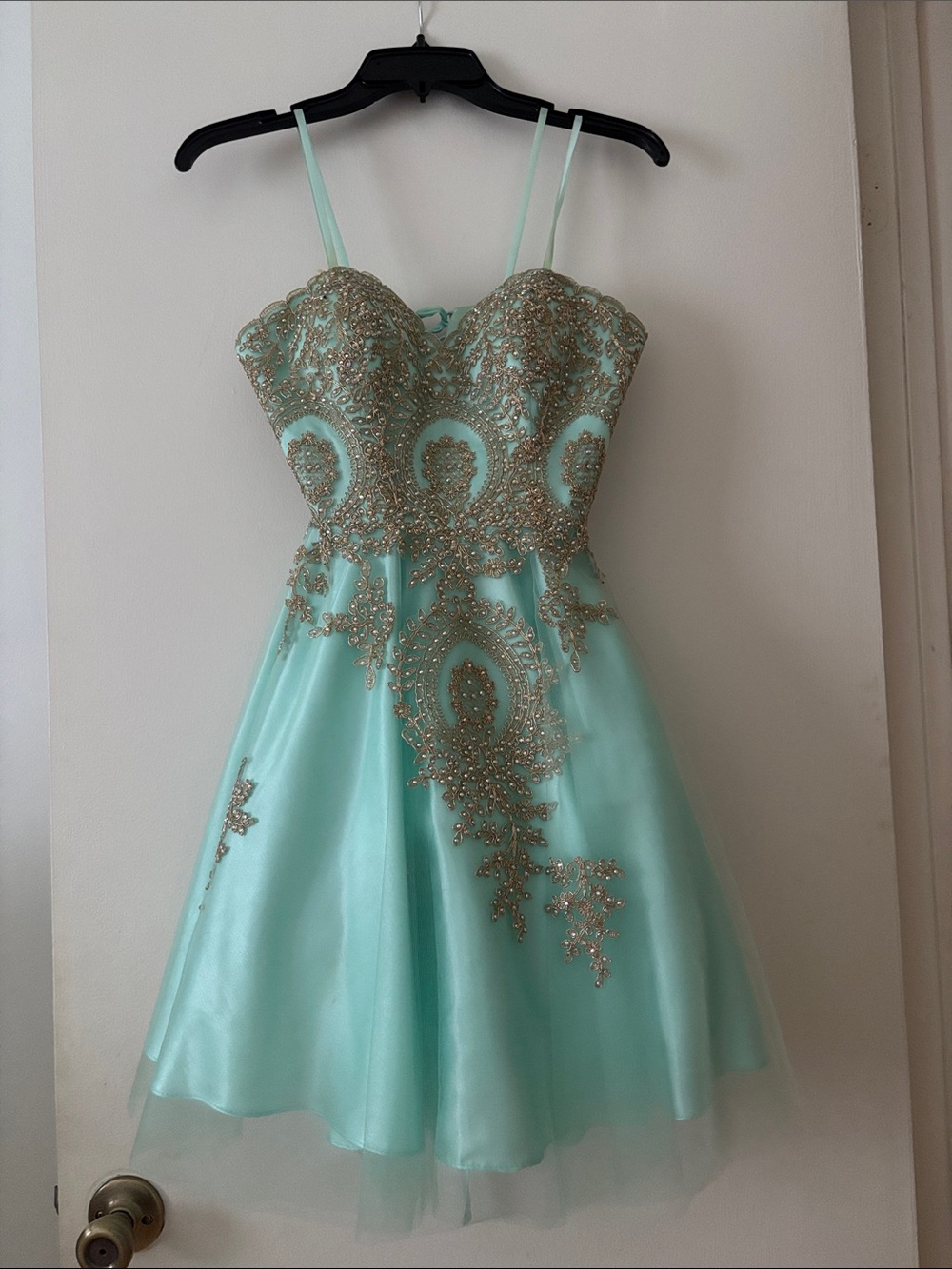 Camille La Vie Mint Green Party Dress with Gold Beading